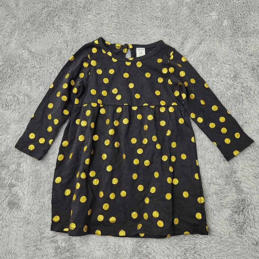 Harper‎ Canyon Dress Baby Girls 12M Black & Gold Polka Dot Cotton Long-Sleeve